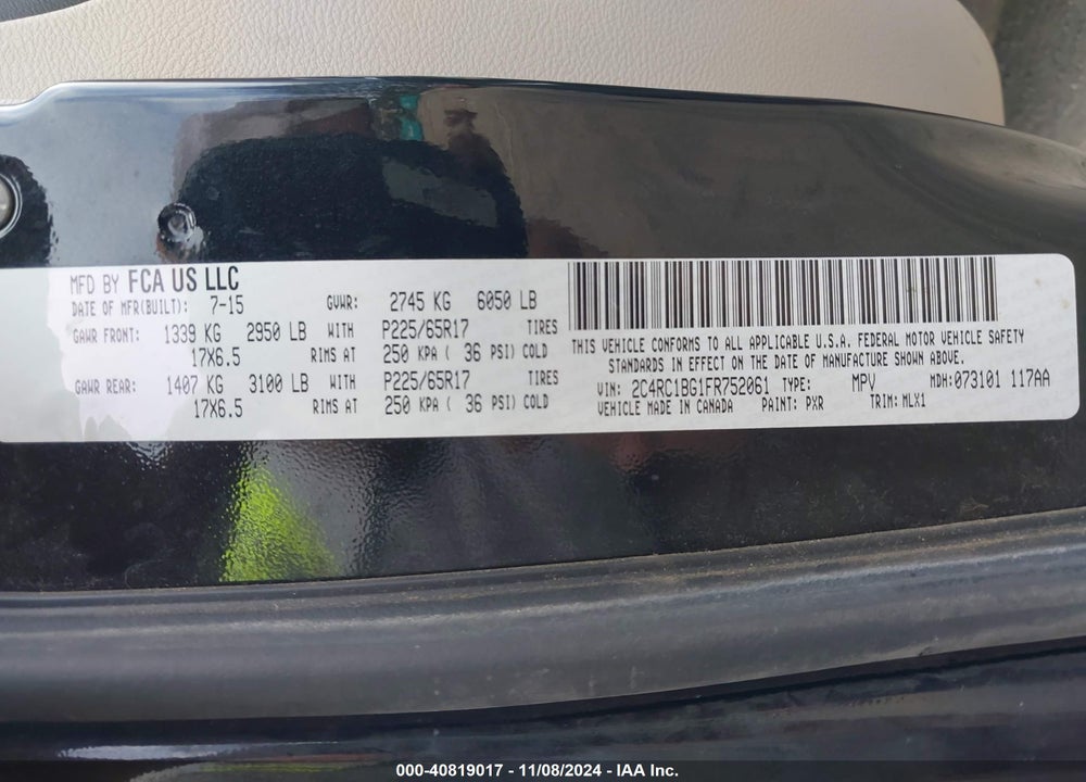 2015 CHRYSLER TOWN & COUNTRY VIN: 2C4RC1BG1FR752061