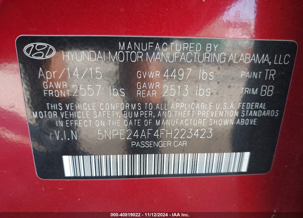 2015 HYUNDAI SONATA SE VIN: 5NPE24AF4FH223423