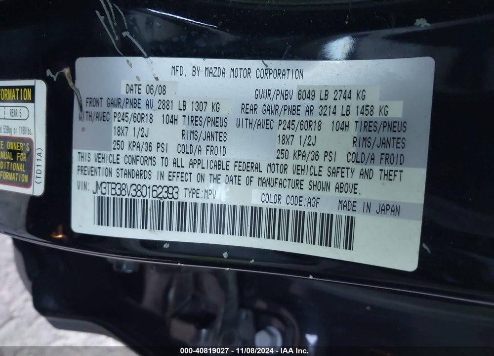 2008 MAZDA CX-9 TOURING VIN: JM3TB38V380162393