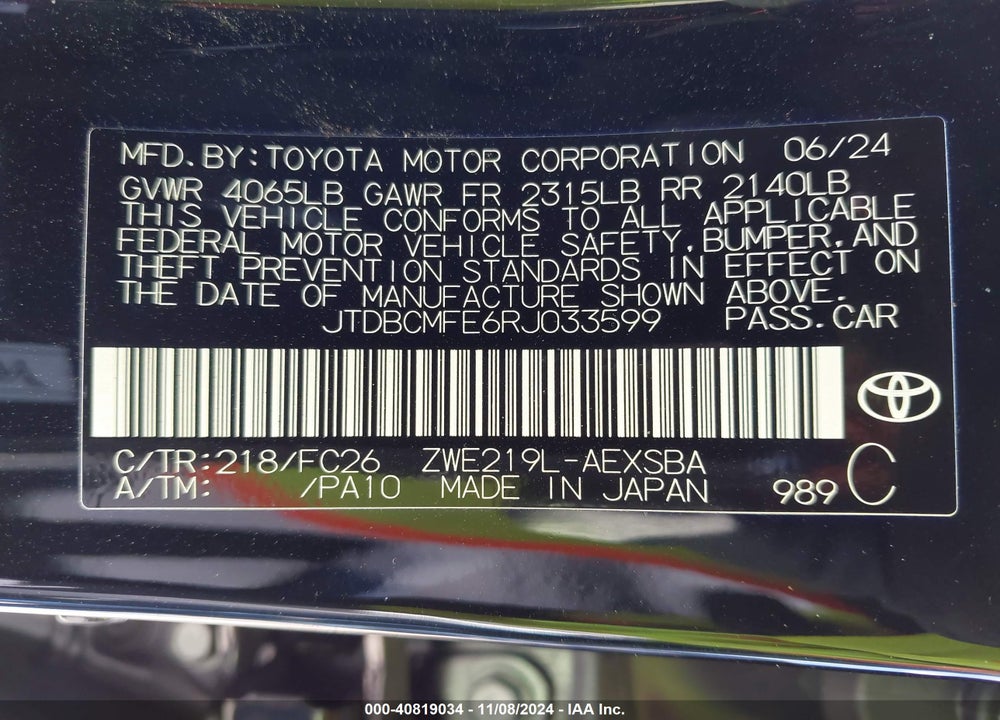 2024 TOYOTA COROLLA HYBRID SE VIN: JTDBCMFE6RJ033599