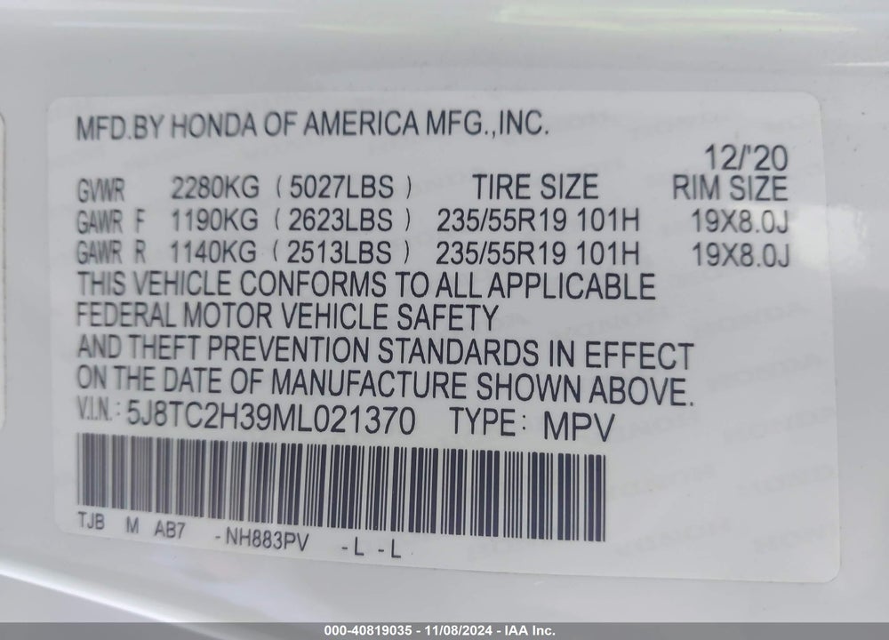 2021 ACURA RDX STANDARD VIN: 5J8TC2H39ML021370