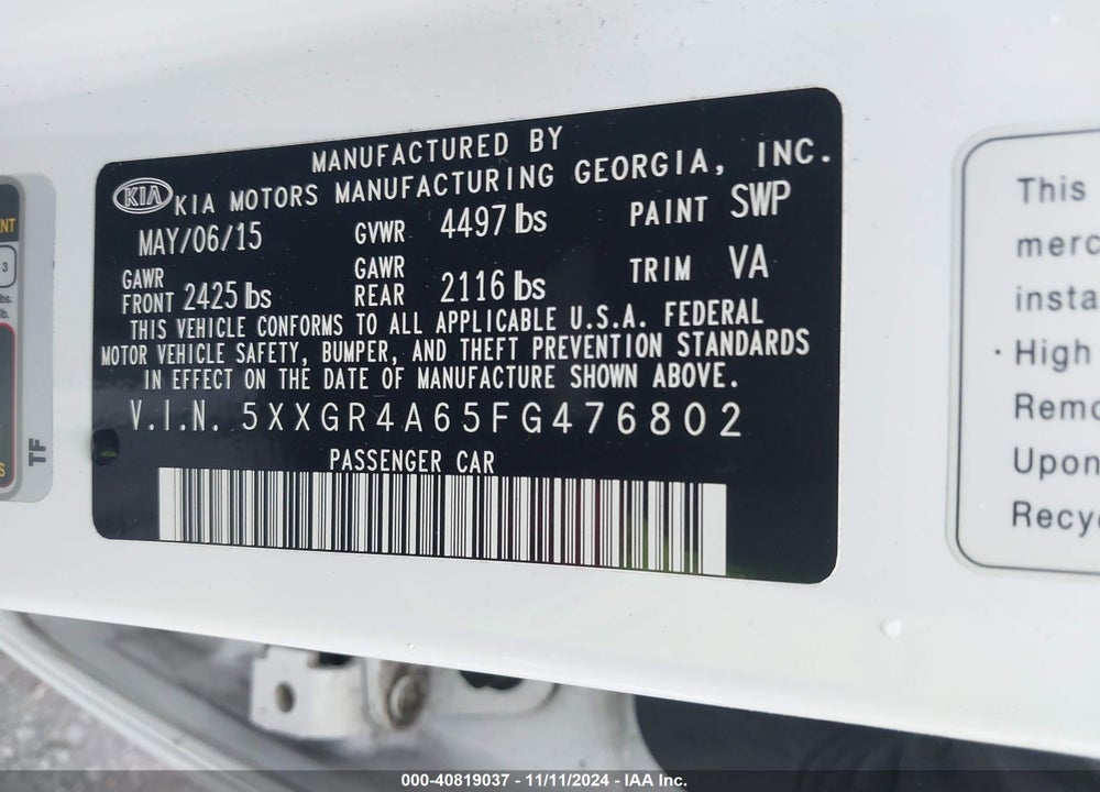 2015 KIA OPTIMA SXL TURBO VIN: 5XXGR4A65FG476802