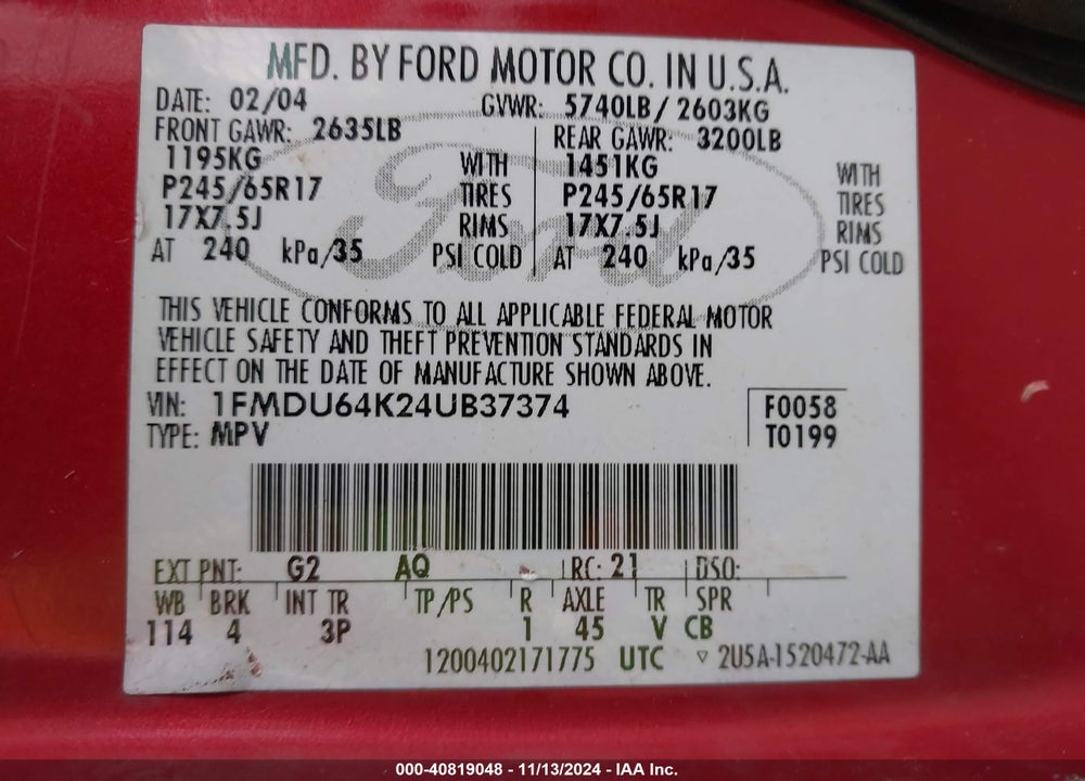 2004 FORD EXPLORER EDDIE BAUER VIN: 1FMDU64K24UB37374
