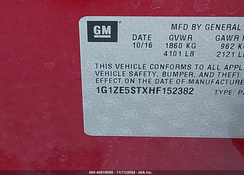 2017 CHEVROLET MALIBU 1LT VIN: 1G1ZE5STXHF152382