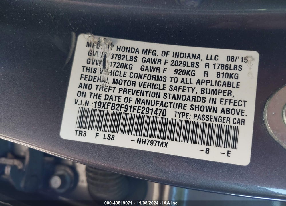 2015 HONDA CIVIC EX-L VIN: 19XFB2F91FE291470