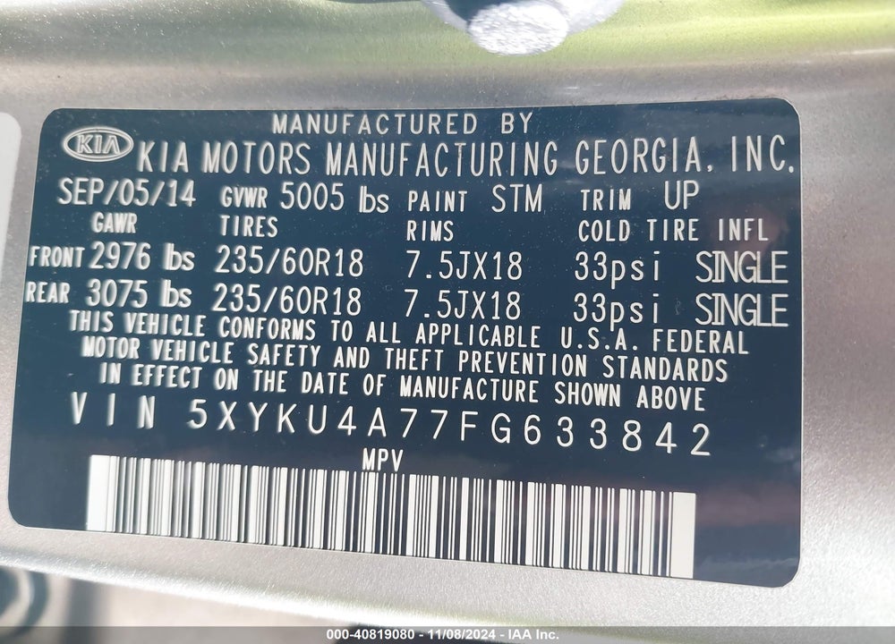 2015 KIA SORENTO EX V6 VIN: 5XYKU4A77FG633842