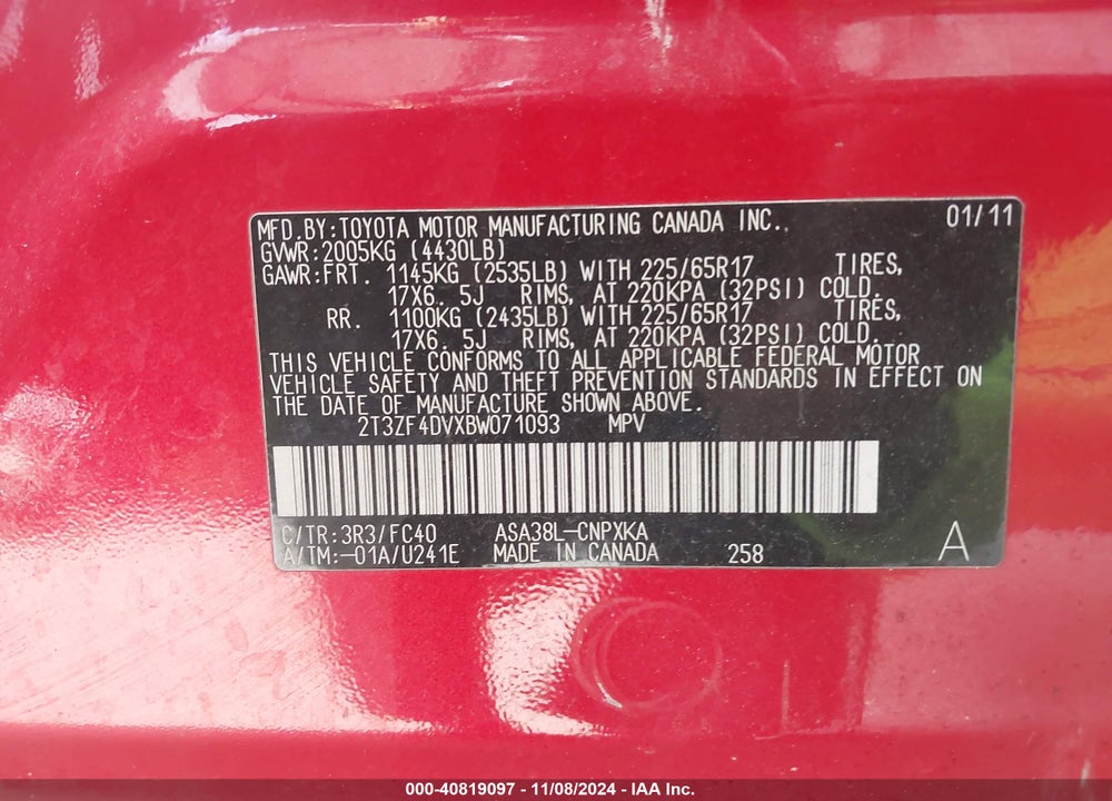 2011 TOYOTA RAV4 VIN: 2T3ZF4DVXBW071093