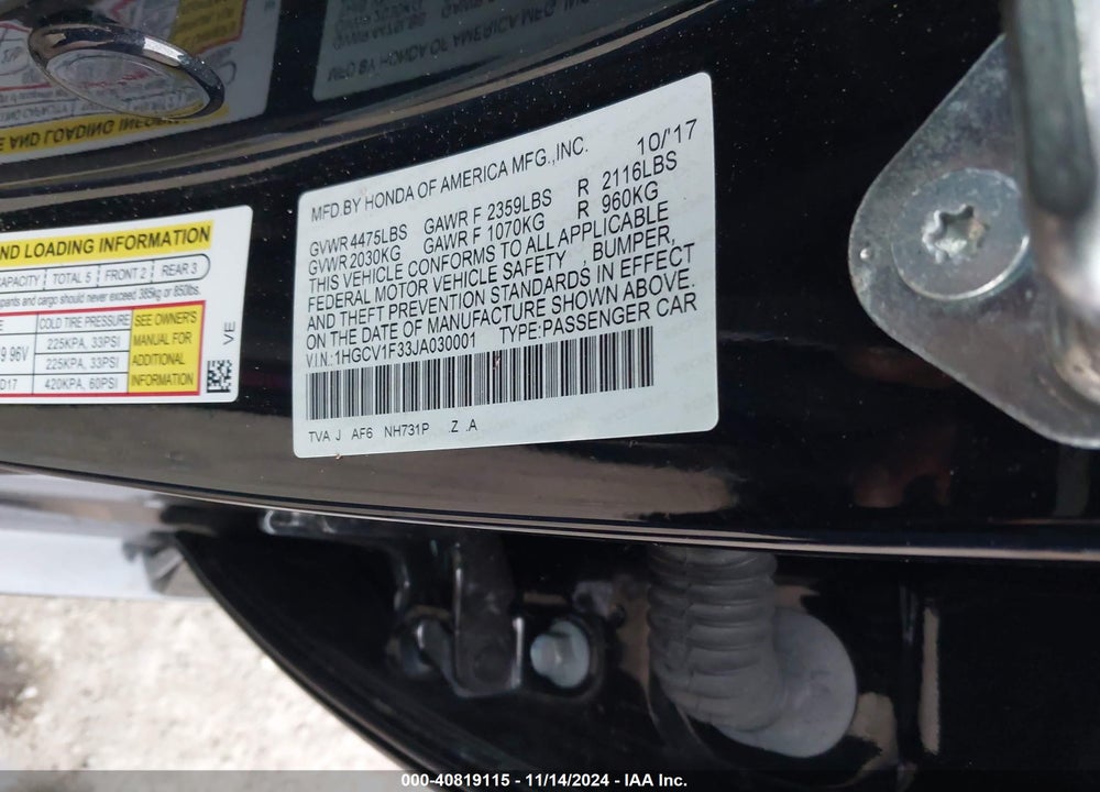 2018 HONDA ACCORD SPORT VIN: 1HGCV1F33JA030001