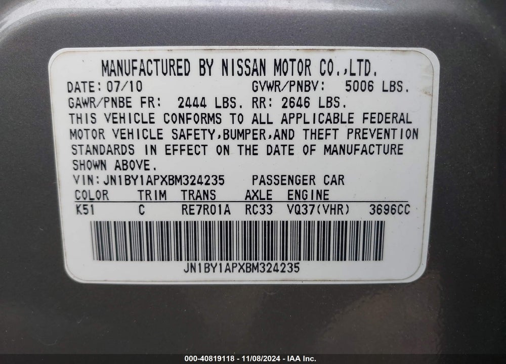 2011 INFINITI M37 VIN: JN1BY1APXBM324235