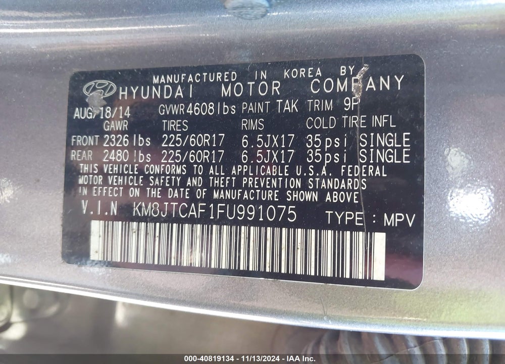2015 HYUNDAI TUCSON VIN: KM8JTCAF1FU991075