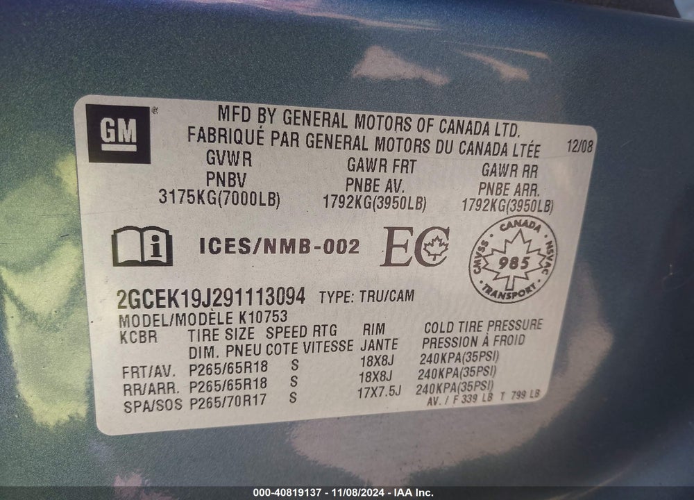 2009 CHEVROLET SILVERADO 1500 WORK TRUCK VIN: 2GCEK19J291113094