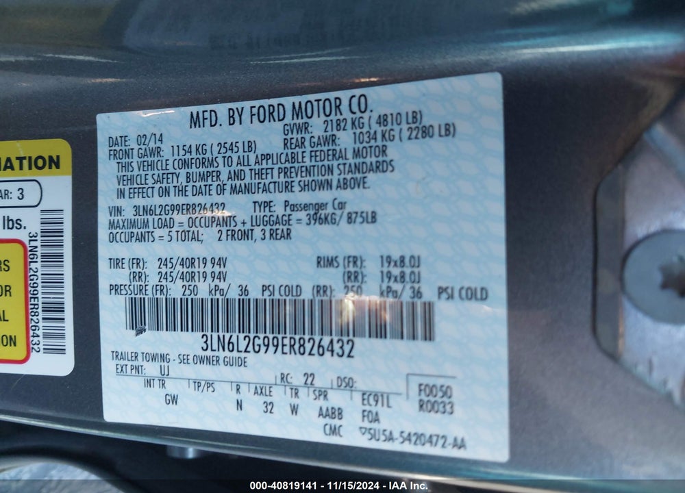 2014 LINCOLN MKZ VIN: 3LN6L2G99ER826432