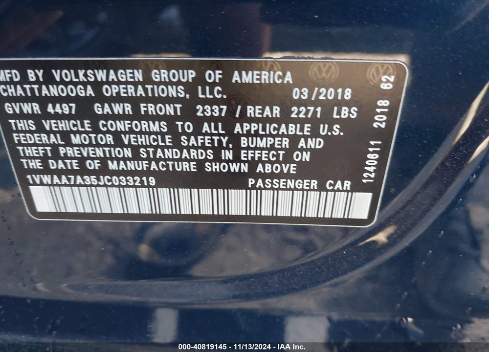 2018 VOLKSWAGEN PASSAT 2.0T R-LINE/2.0T S VIN: 1VWAA7A35JC033219