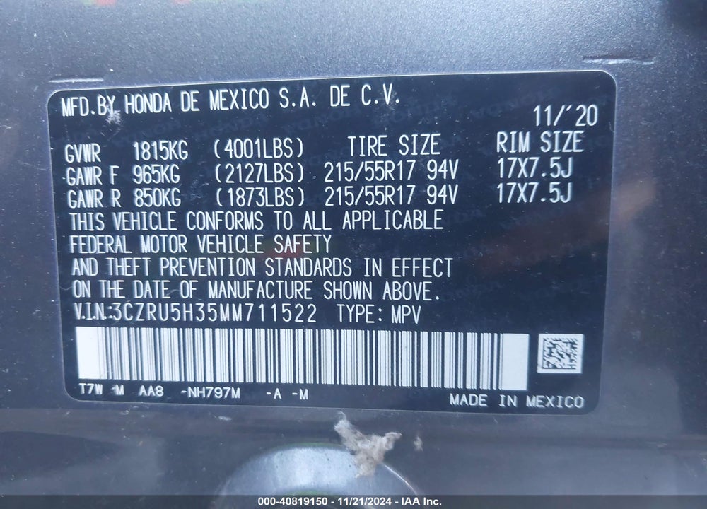2021 HONDA HR-V 2WD LX VIN: 3CZRU5H35MM711522