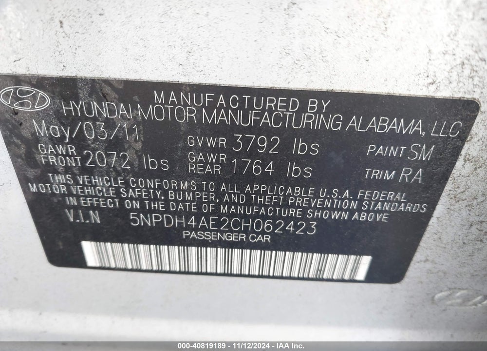 2012 HYUNDAI ELANTRA GLS VIN: 5NPDH4AE2CH062423