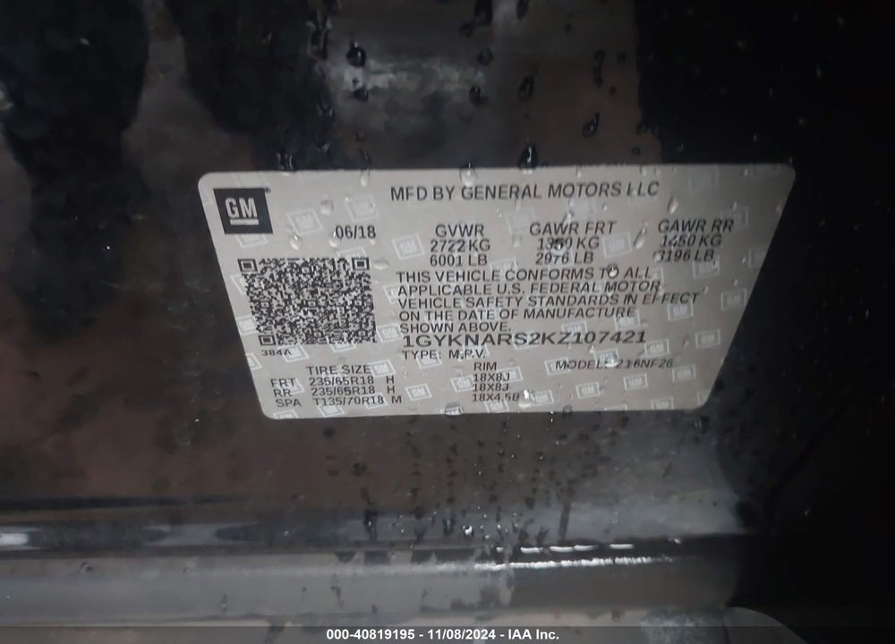 2019 CADILLAC XT5 STANDARD VIN: 1GYKNARS2KZ107421