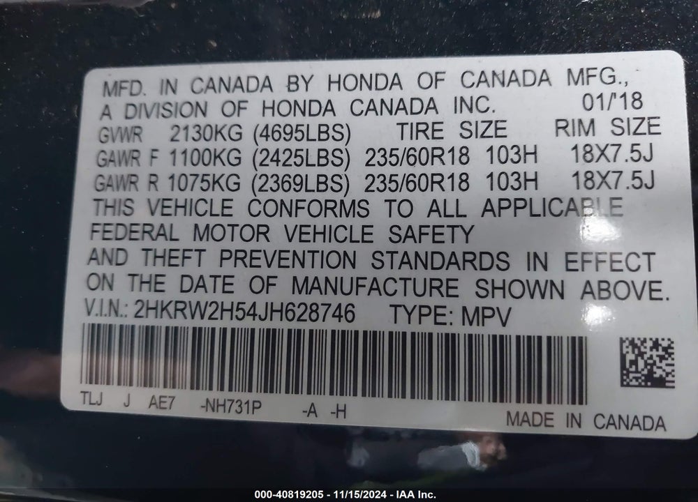 2018 HONDA CR-V EX VIN: 2HKRW2H54JH628746