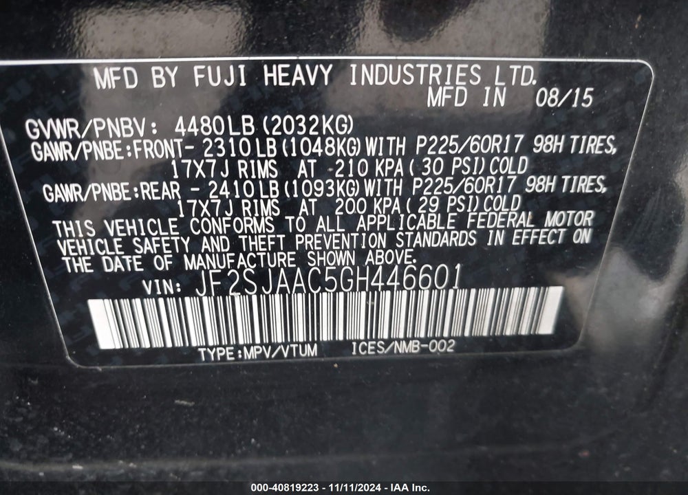 2016 SUBARU FORESTER 2.5I VIN: JF2SJAAC5GH446601