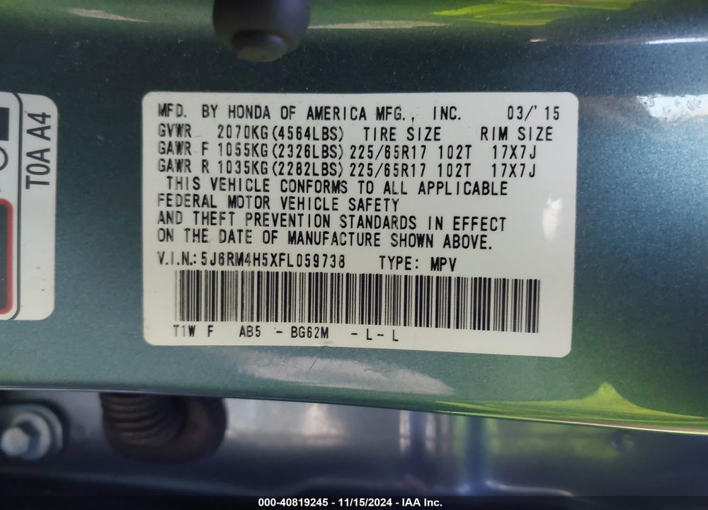 2015 HONDA CR-V EX VIN: 5J6RM4H5XFL059738