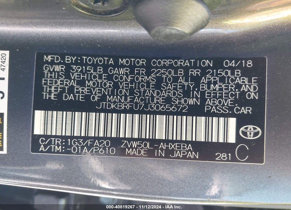 2018 TOYOTA PRIUS TWO VIN: JTDKBRFU7J3065672