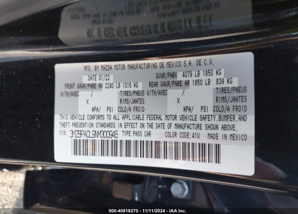 2022 MAZDA 3 PREFERRED VIN: 3MZBPACL9NM300945