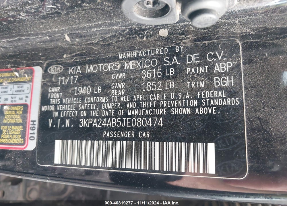 2018 KIA RIO LX VIN: 3KPA24AB5JE080474