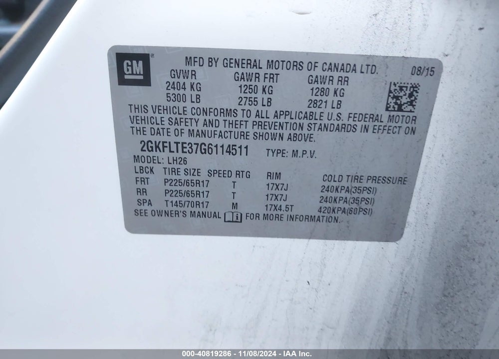 2016 GMC TERRAIN SLE-2 VIN: 2GKFLTE37G6114511