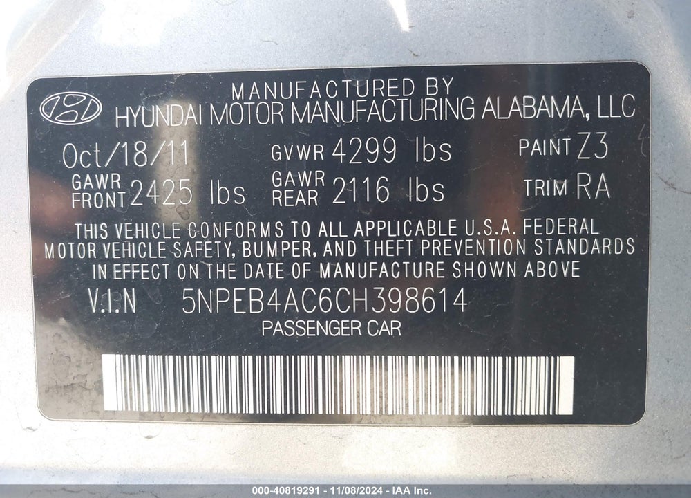 2012 HYUNDAI SONATA GLS VIN: 5NPEB4AC6CH398614