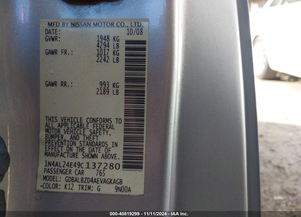 2009 NISSAN ALTIMA 2.5 S VIN: 1N4AL24E49C137280