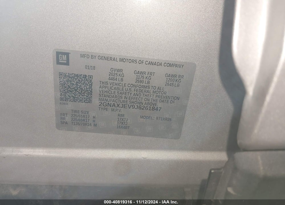 2018 CHEVROLET EQUINOX LT VIN: 2GNAXJEV9J6261847