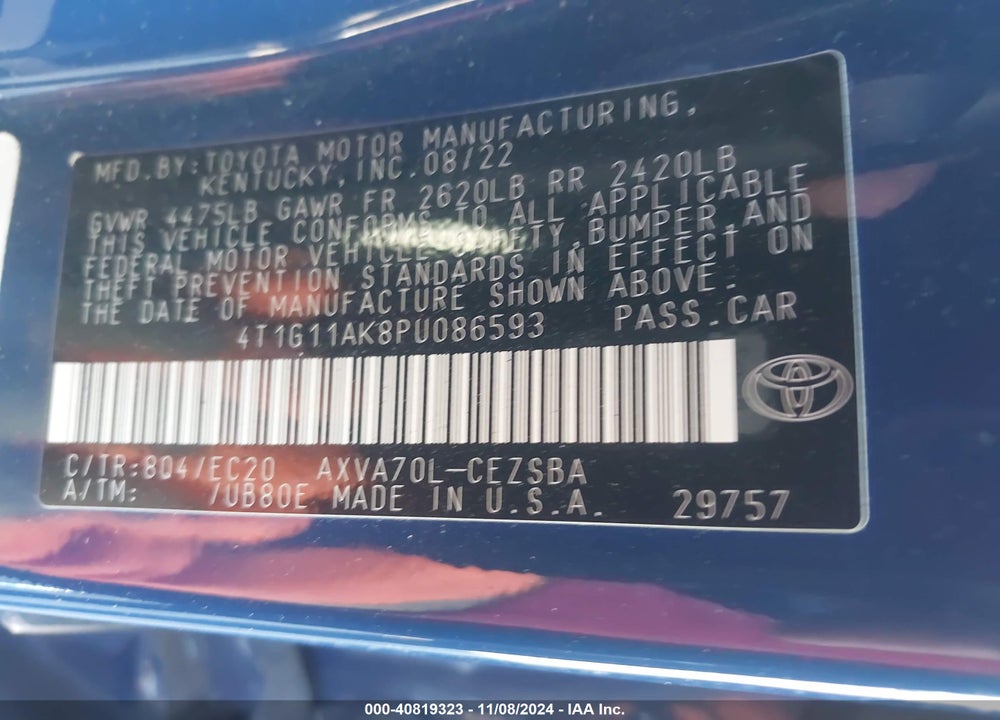 2023 TOYOTA CAMRY SE NIGHTSHADE EDITION VIN: 4T1G11AK8PU086593