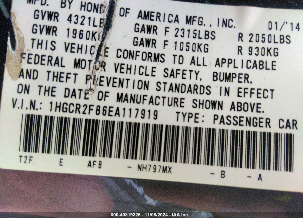2014 HONDA ACCORD EX-L VIN: 1HGCR2F86EA117919