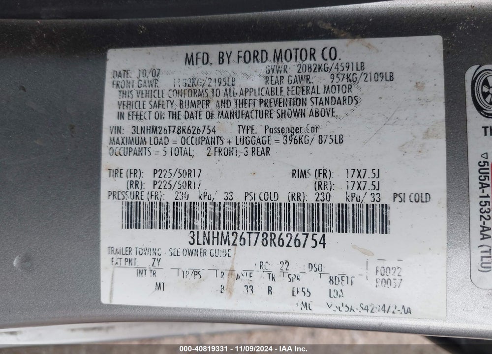 2008 LINCOLN MKZ VIN: 3LNHM26T78R626754