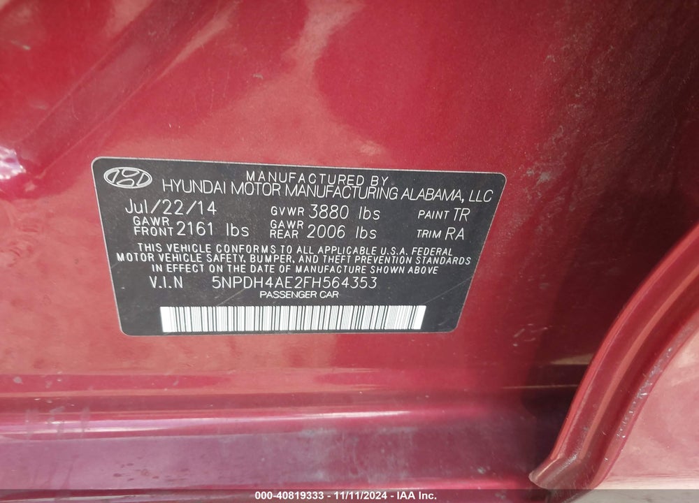 2015 HYUNDAI ELANTRA SE VIN: 5NPDH4AE2FH564353