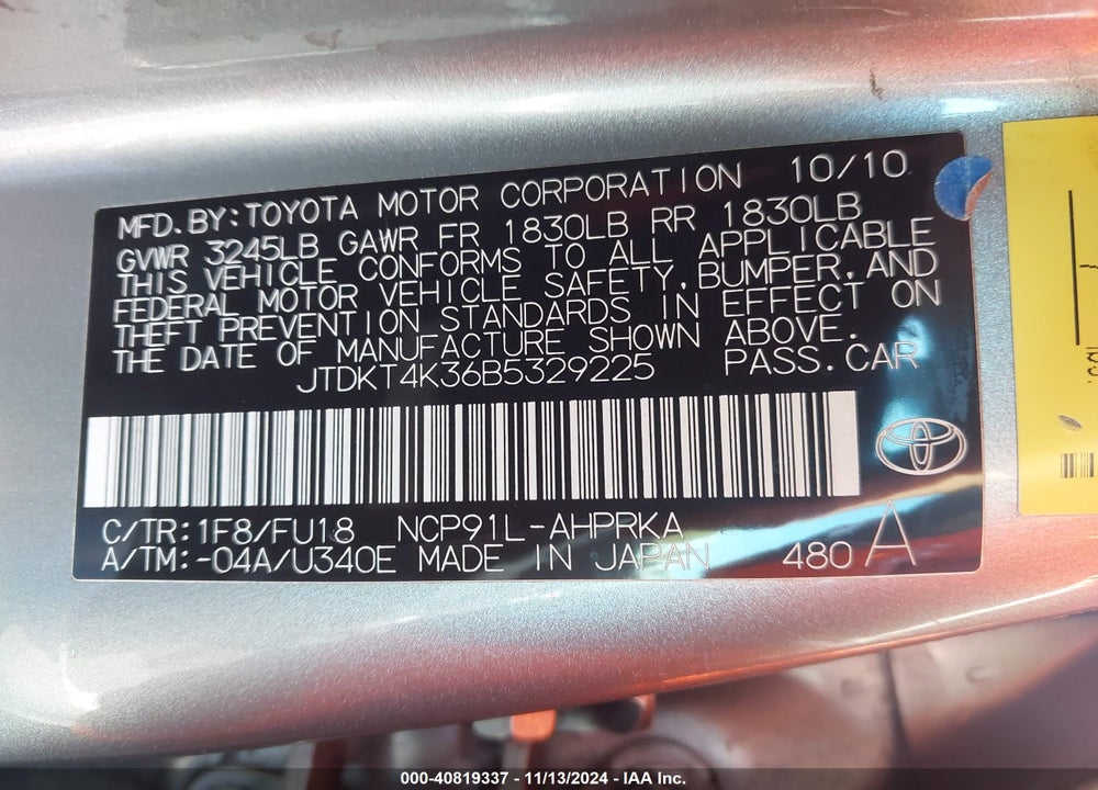 2011 TOYOTA YARIS VIN: JTDKT4K36B5329225