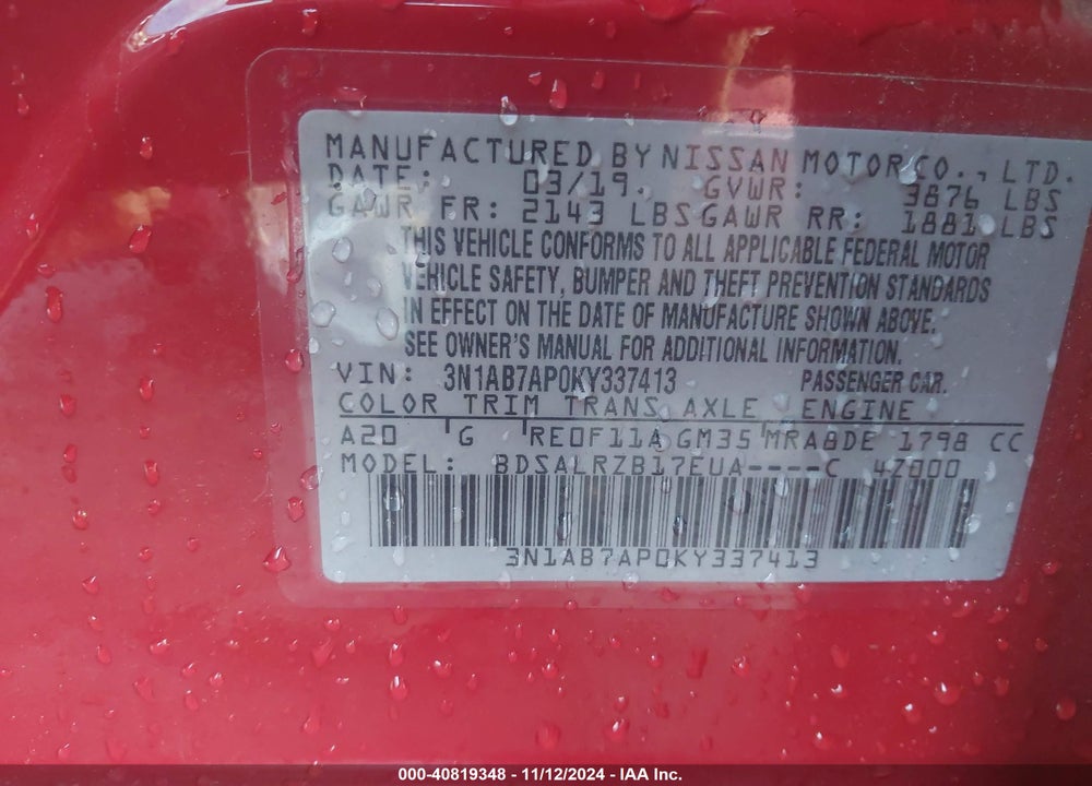 2019 NISSAN SENTRA VIN: 3N1AB7AP0KY337413