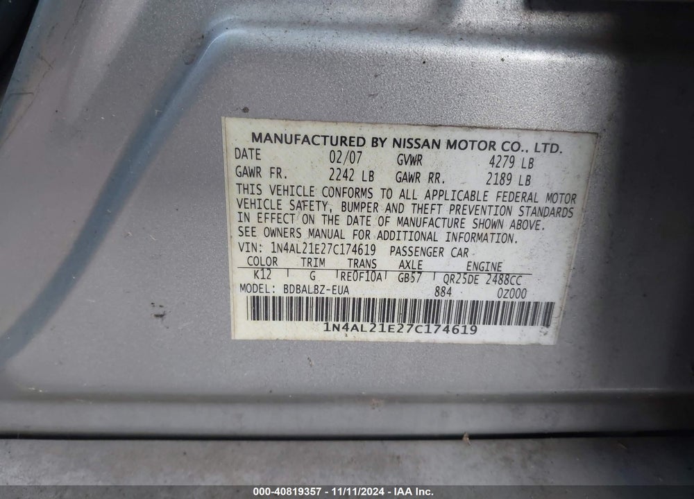 2007 NISSAN ALTIMA 2.5 S VIN: 1N4AL21E27C174619