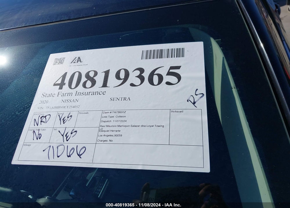 2020 NISSAN SENTRA VIN: 3N1AB8BV0LY254052