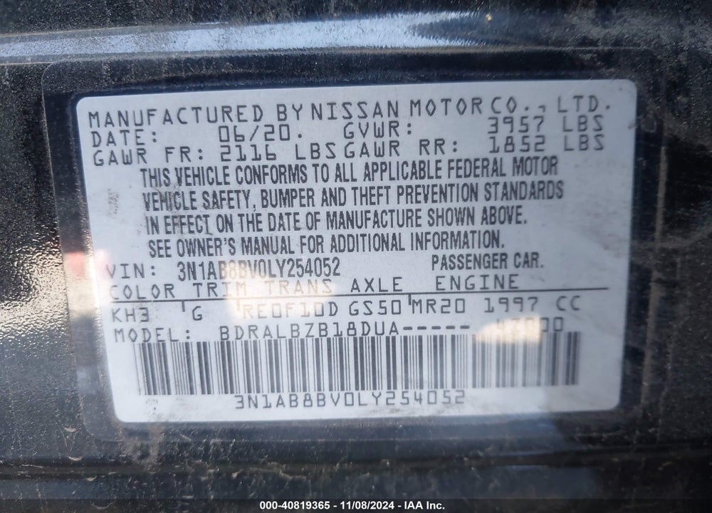 2020 NISSAN SENTRA VIN: 3N1AB8BV0LY254052