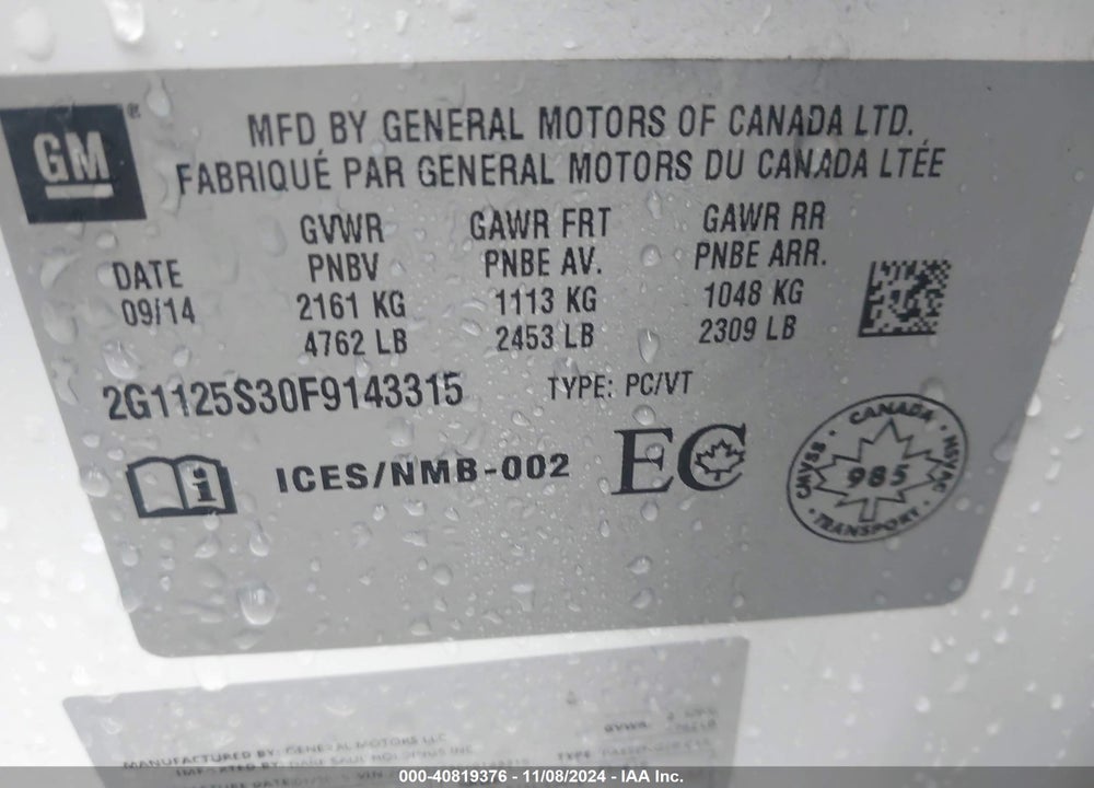 2015 CHEVROLET IMPALA 2LT VIN: 2G1125S30F9143315