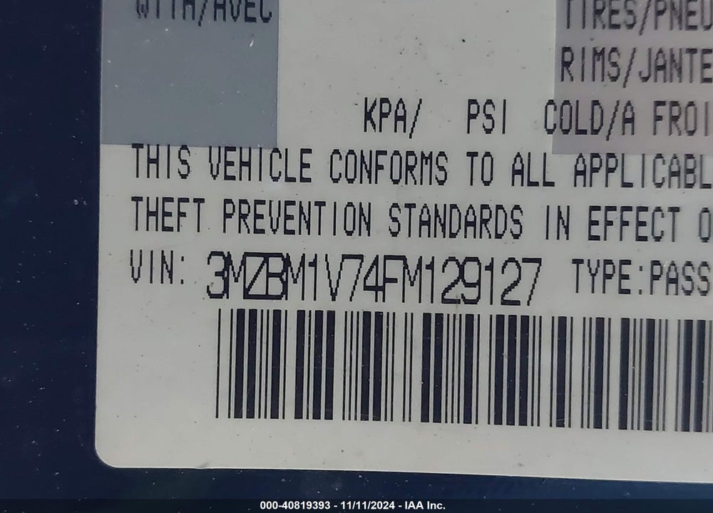 2015 MAZDA 3 I TOURING VIN: 3MZBM1V74FM129127