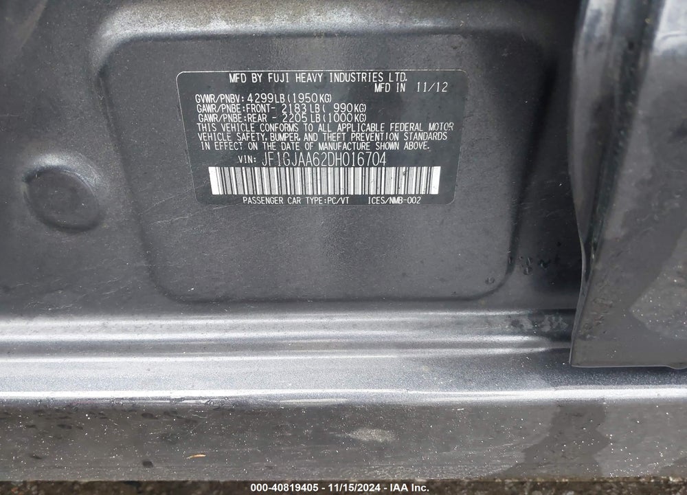 2013 SUBARU IMPREZA 2.0I VIN: JF1GJAA62DH016704