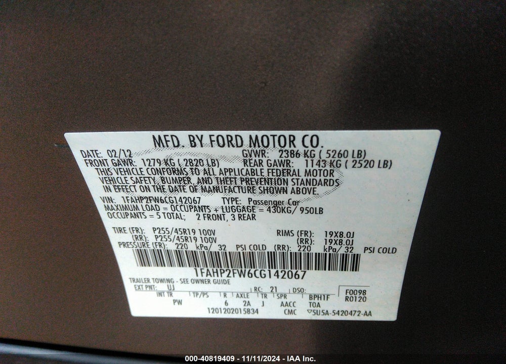 2012 FORD TAURUS LIMITED VIN: 1FAHP2FW6CG142067