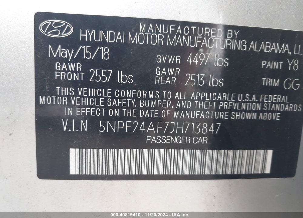 2018 HYUNDAI SONATA SE VIN: 5NPE24AF7JH713847