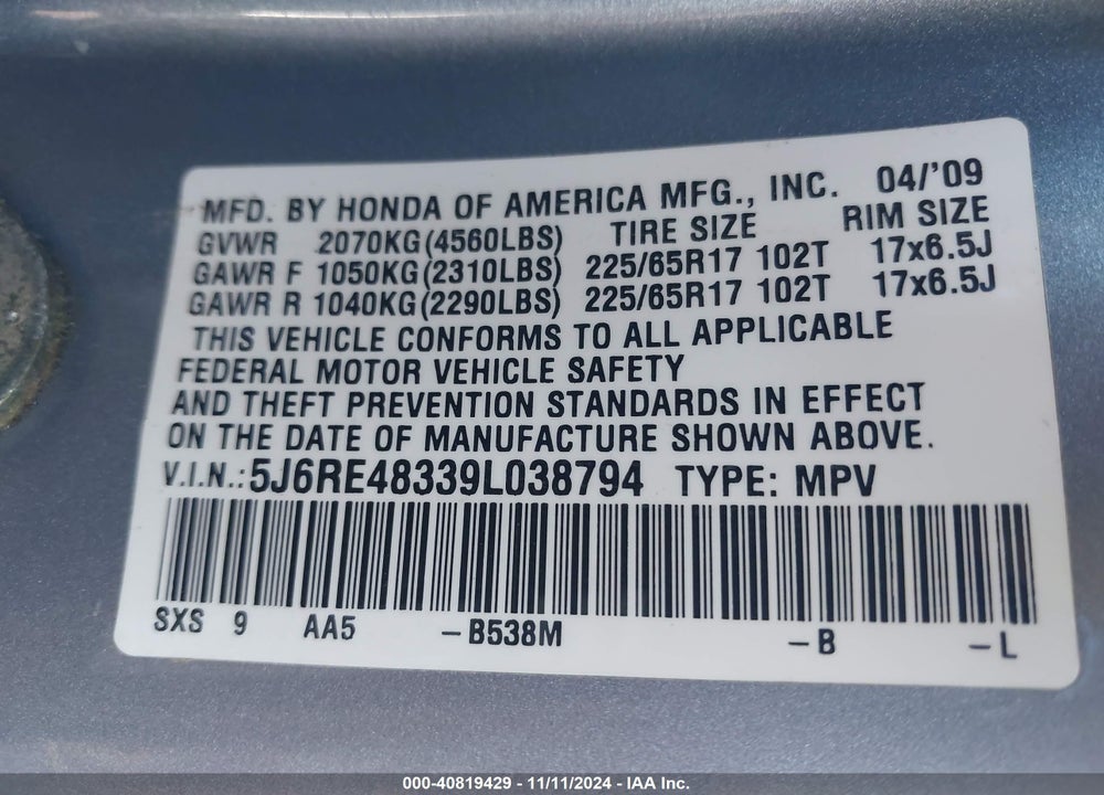 2009 HONDA CR-V LX VIN: 5J6RE48339L038794