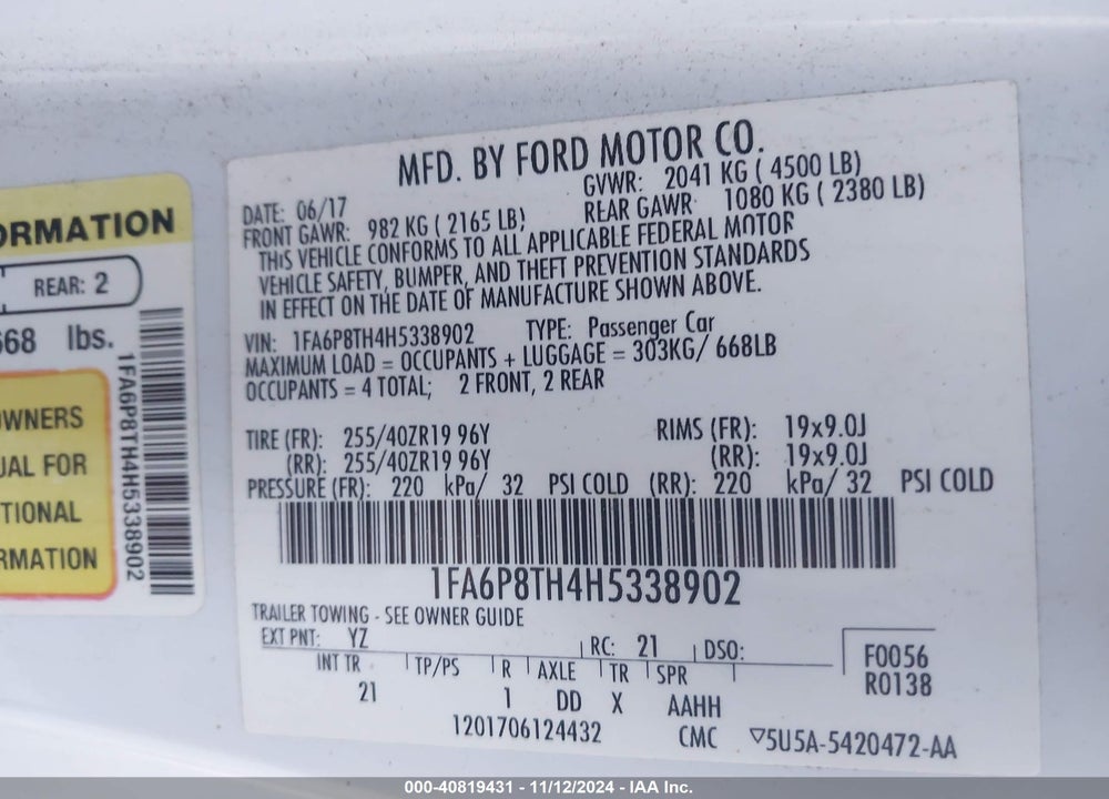 2017 FORD MUSTANG ECOBOOST VIN: 1FA6P8TH4H5338902