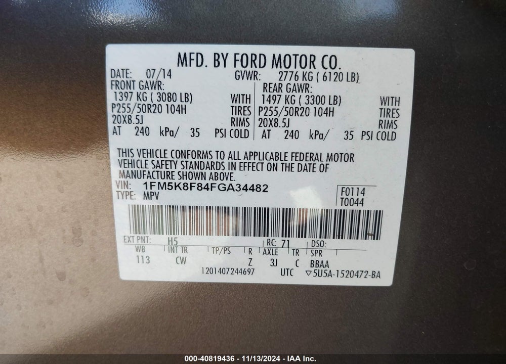 2015 FORD EXPLORER LIMITED VIN: 1FM5K8F84FGA34482