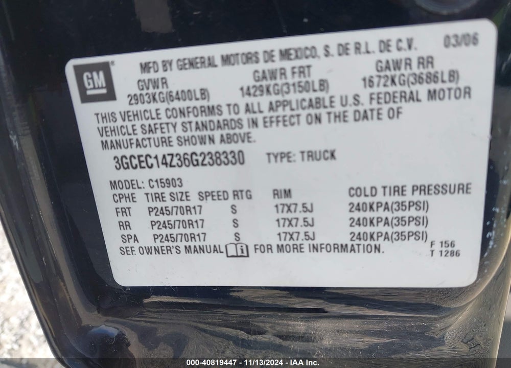 2006 CHEVROLET SILVERADO 1500 LS VIN: 3GCEC14Z36G238330