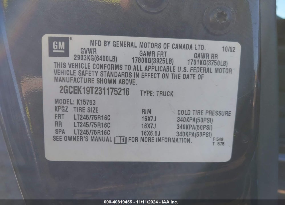 2003 CHEVROLET SILVERADO 1500 LS VIN: 2GCEK19T231175216
