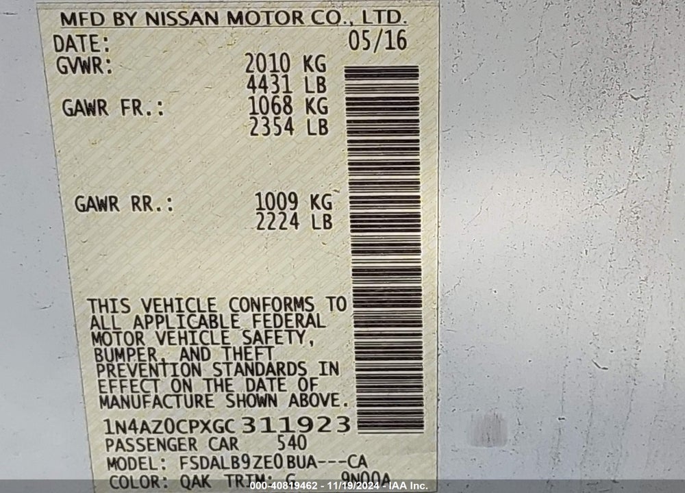 2016 NISSAN LEAF S VIN: 1N4AZ0CPXGC311923